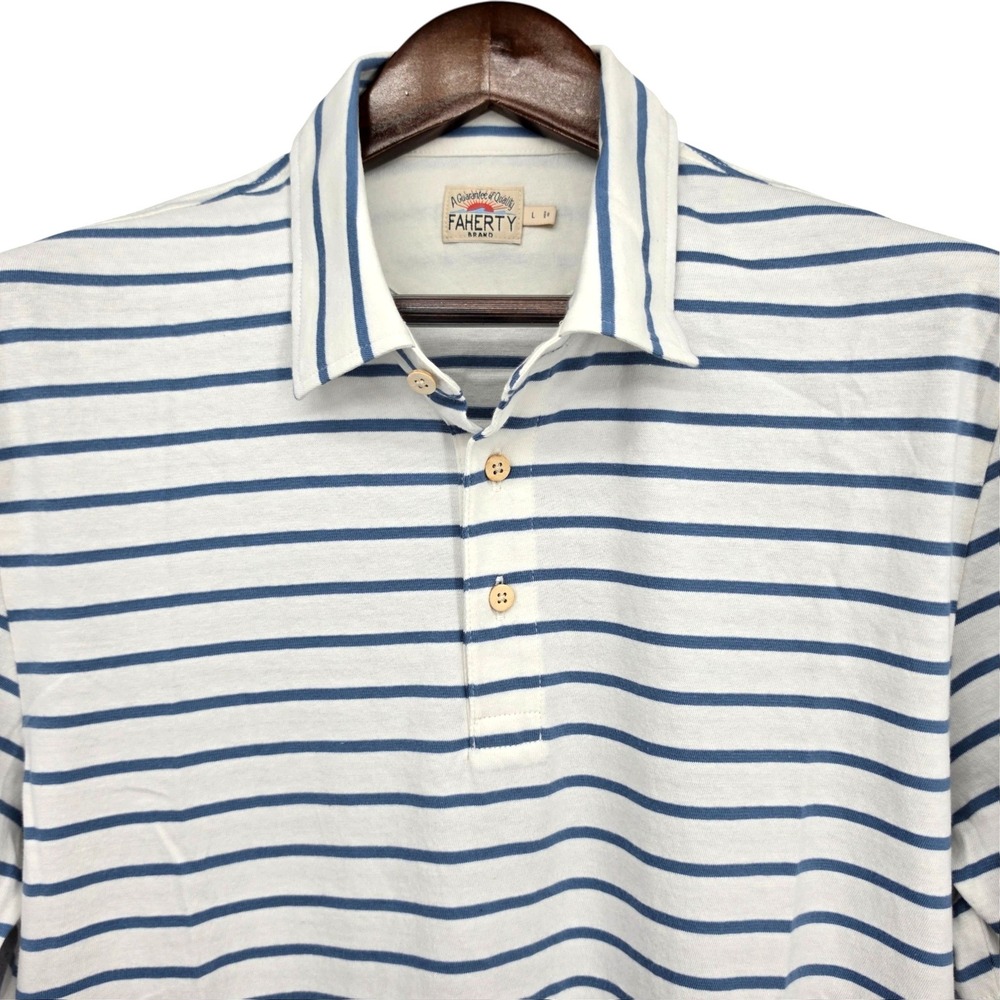 Faherty Men's L Blue White Stripe Organic Cotton Polo Shirt Large NWOT